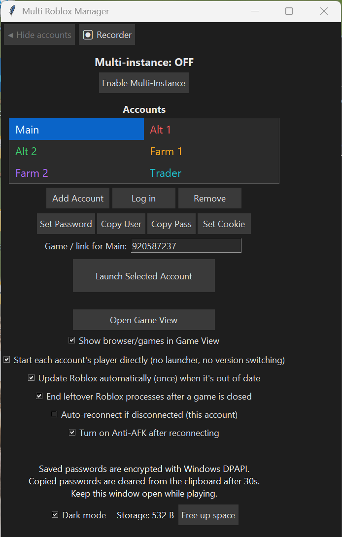 The main window in dark mode