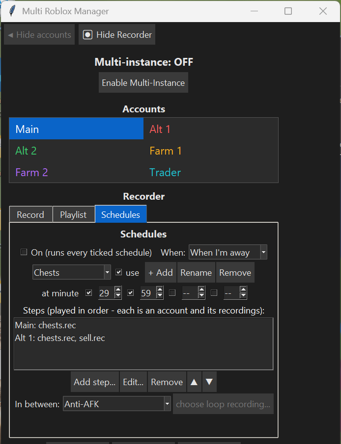 Recorder, Schedules tab